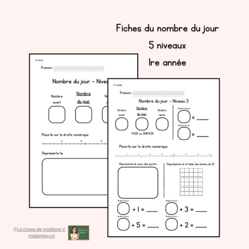 Fiches du nombre du jour (5 fiches) - 1re année