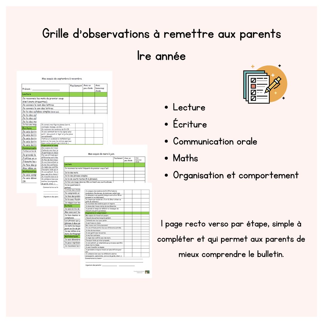Grille d'observations à remettre aux parents (1 par étape) - 1re année