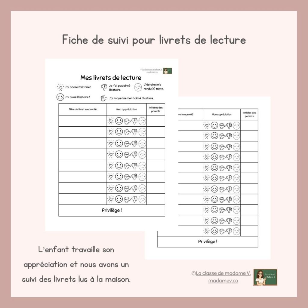 Fiche de suivi des livrets de lecture – La classe de Madame V