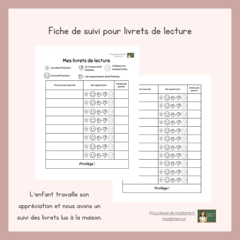 Fiche de suivi des livrets de lecture – La classe de Madame V