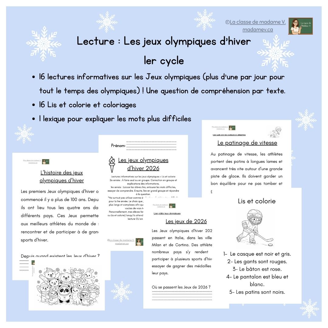 Les Jeux olympiques d'hiver- Lectures informatives + Lis et colorie - 1er cycle